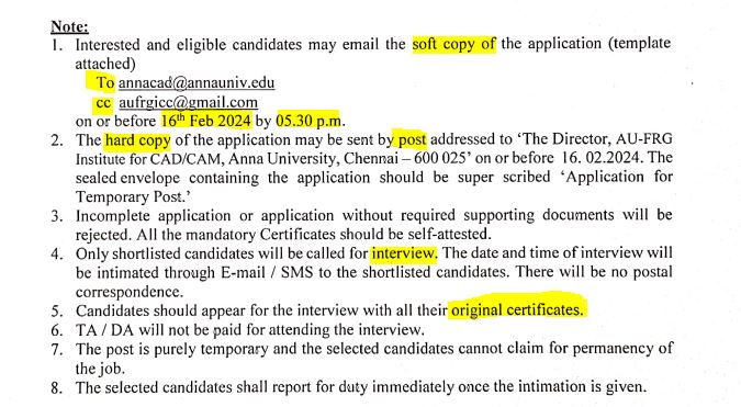 Anna University Clerical Assistant Recruitment 2024 Address details