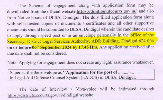 Dindigul Legal Aid Defense Counsel Office Recruitment 2024 address