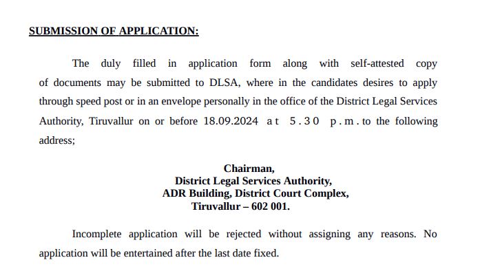 Tiruvallur Legal Aid Defense Counsel Office Recruitment 2024 Address
