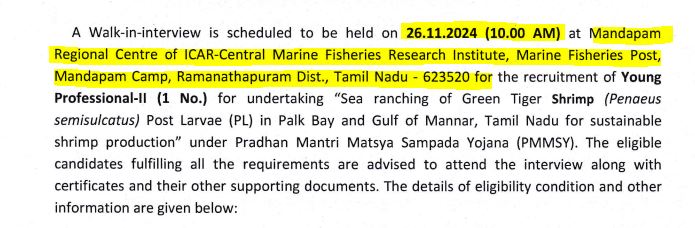 CMFRI Mandapam Recruitment 2024 Address