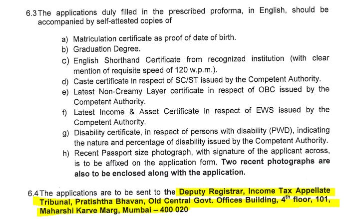 ITAT Private Secretary Recruitment 2024  Address