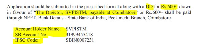 SVPISTM Coimbatore Recruitment 2024 Fees
