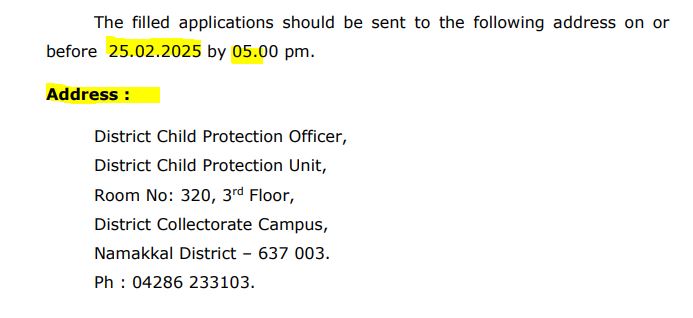 Namakkal DCPU Recruitment 2025 Address