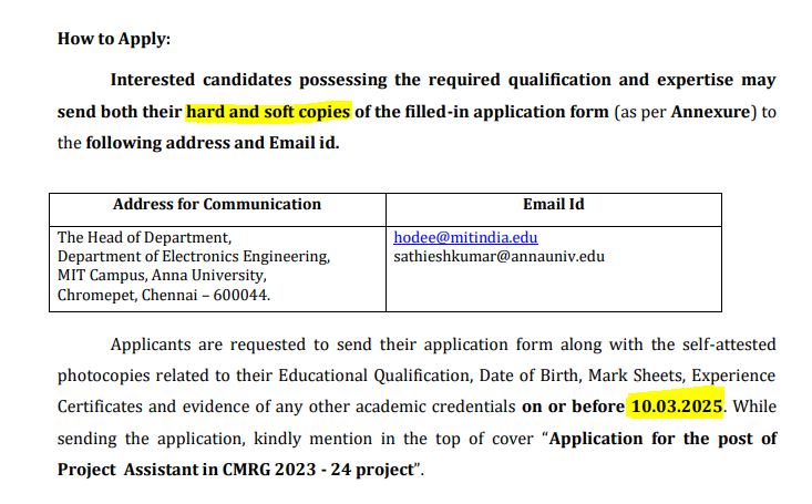 Anna University Recruitment 2025 Address