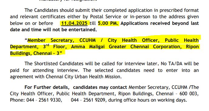 Greater Chennai Corporation Recruitment 2025 Address