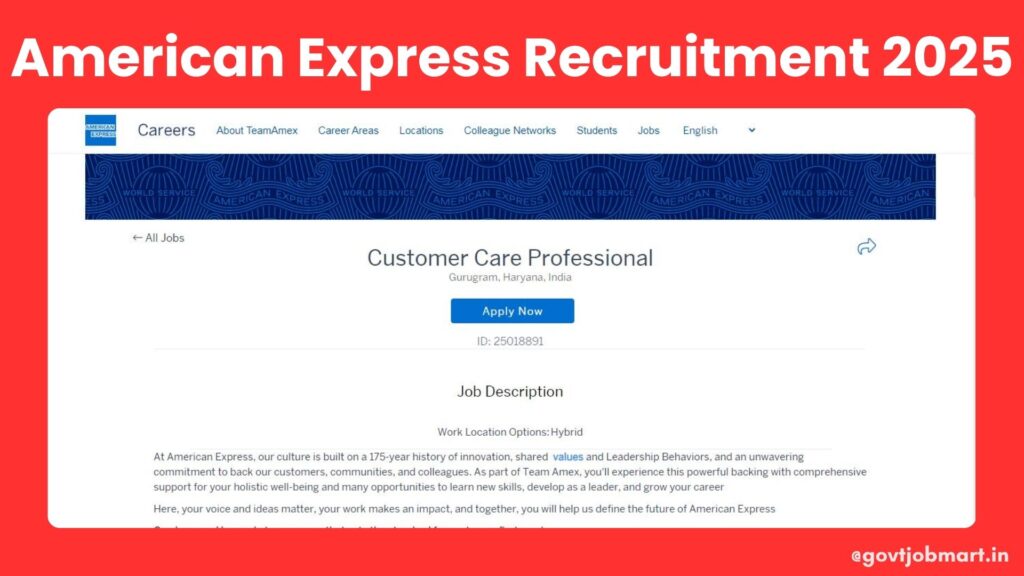 American Express Recruitment 2025 – Customer Care Professional Jobs in Gurgaon