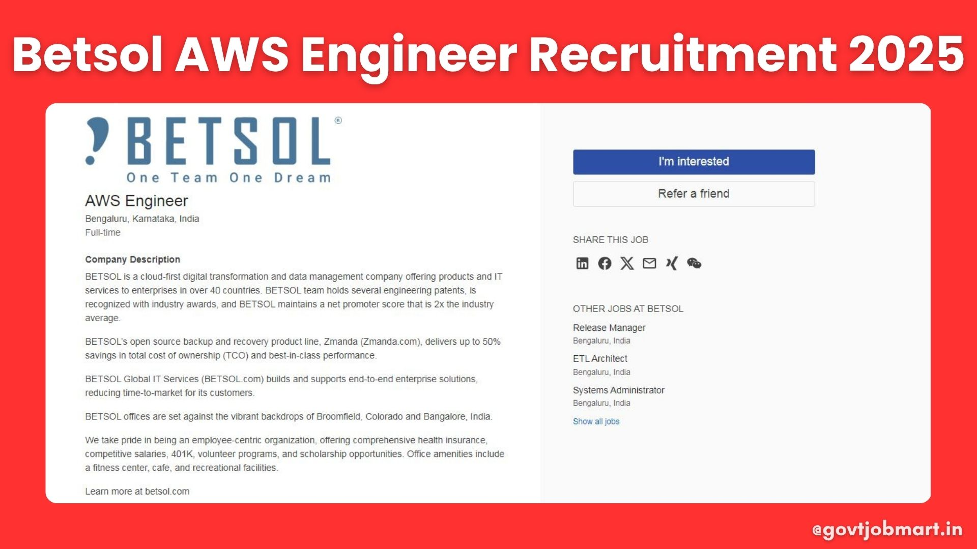Betsol Recruitment Drive 2025 – Hiring AWS Engineer in Bangalore – Govt ...