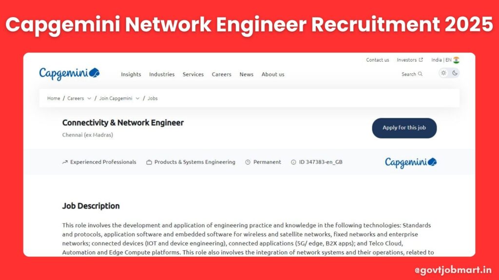 Capgemini Connectivity and Network Engineer Recruitment 2025 in Chennai