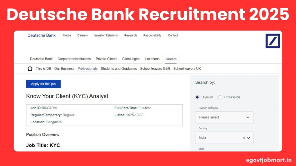 Deutsche Bank Recruitment 2025 for KYC Analyst Jobs in Bangalore