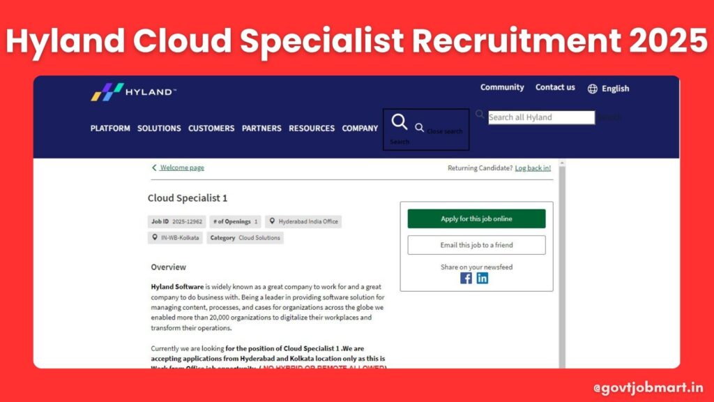 Hyland Software Cloud Specialist 1 Recruitment 2025 in Hyderabad and Kolkata