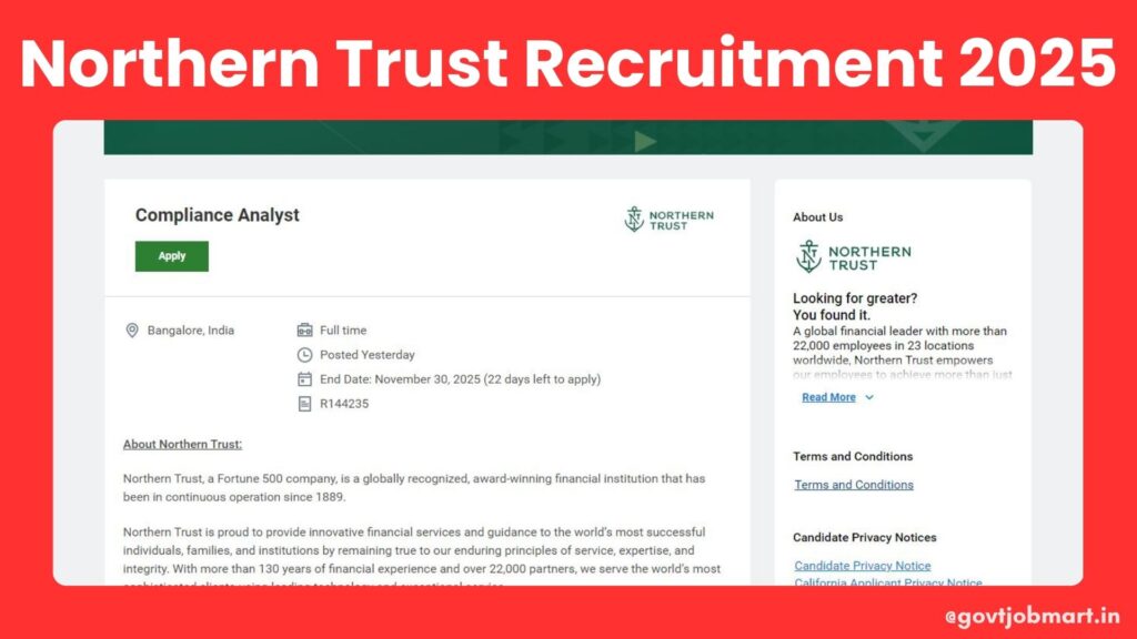 Northern Trust Recruitment 2025 for Compliance Analyst in Bangalore