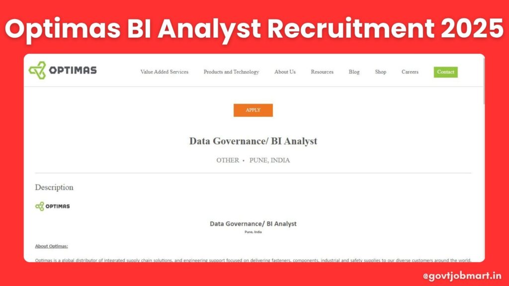 Optimas Data Governance and BI Analyst Recruitment 2025 in Pune
