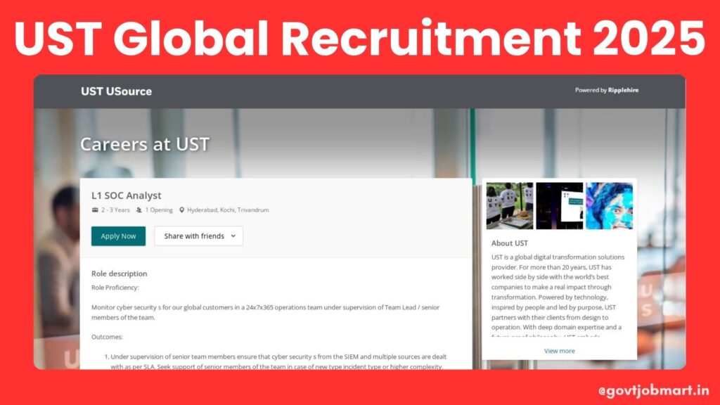 UST Recruitment 2025 for L1 SOC Analyst Jobs in Hyderabad, Kochi & Trivandrum