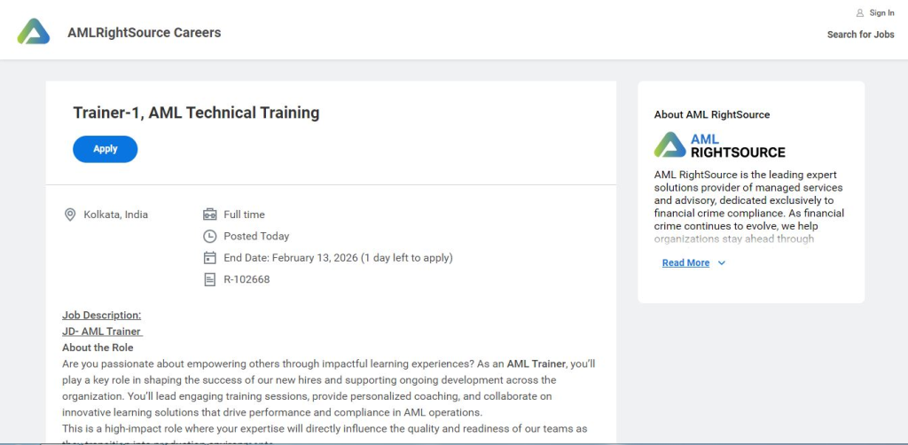 AML RightSource Recruitment Drive; Hiring AML Trainer