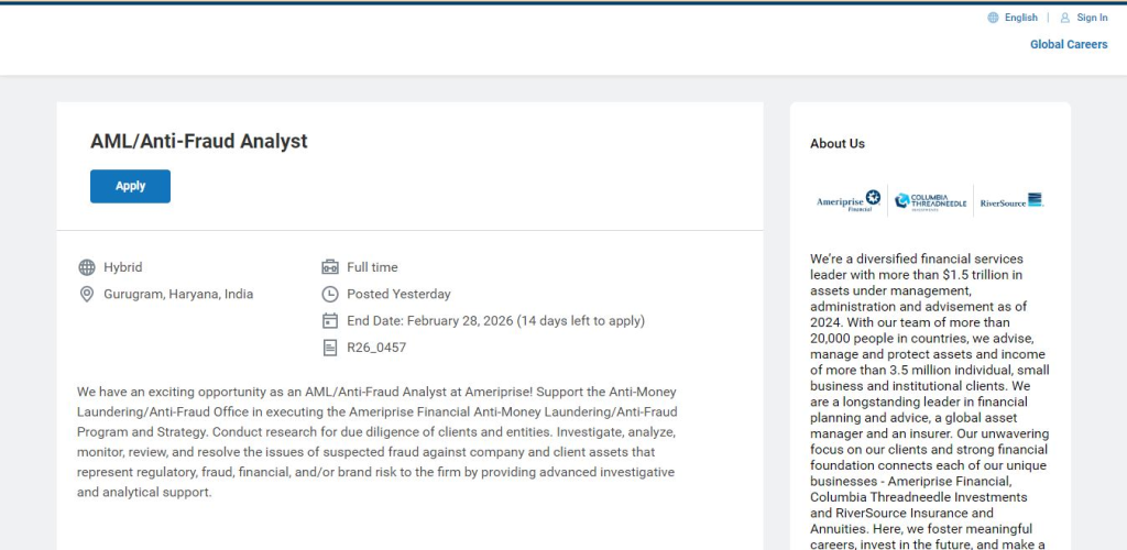 Ameriprise Recruitment Drive; Hiring AML/Anti-Fraud Analyst