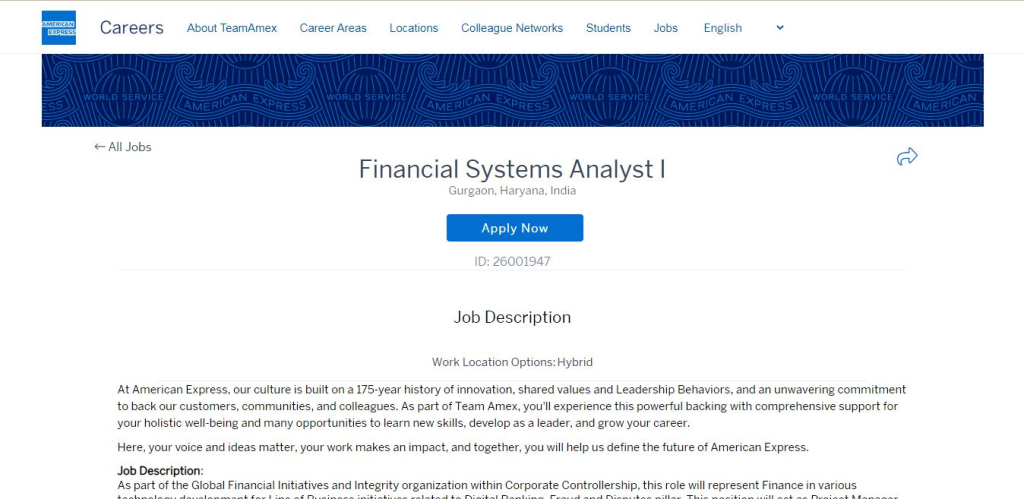 American Express Recruitment Drive; Hiring Financial Systems Analyst I 
