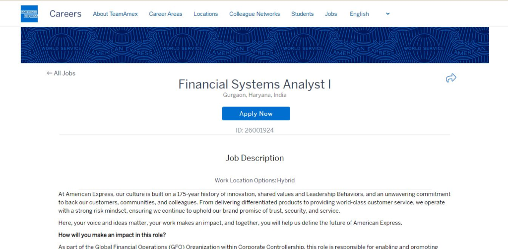 American Express Recruitment Drive; Hiring Financial Systems Analyst I 