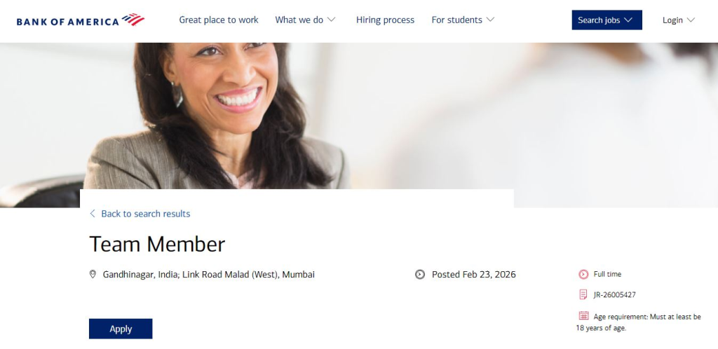 Bank of America Recruitment Drive; Hiring Team Member