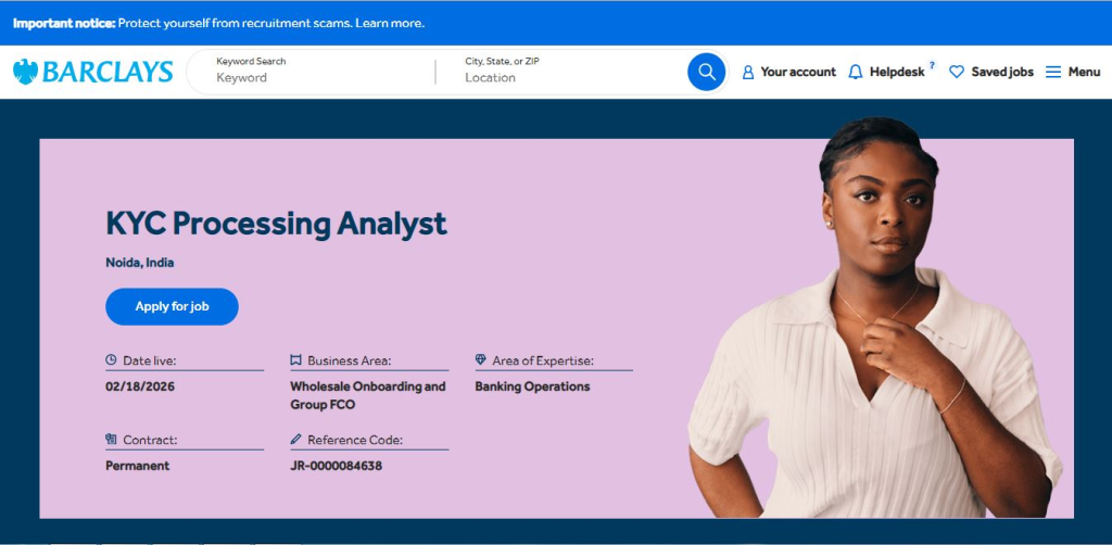 Barclays Recruitment Drive; Hiring KYC Processing Analyst