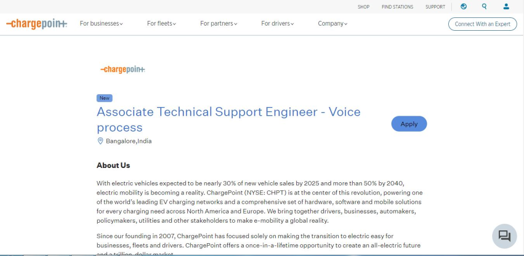Chargepoint Recruitment Drive; Hiring Associate Technical Support Engineer