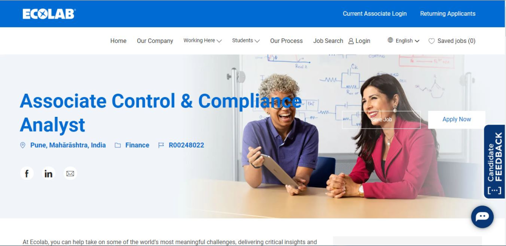 ECOLAB Recruitment Drive; Hiring Associate Control & Compliance Analyst