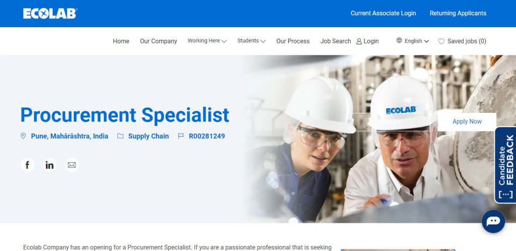 ECOLAB Recruitment Drive; Hiring Procurement Specialist