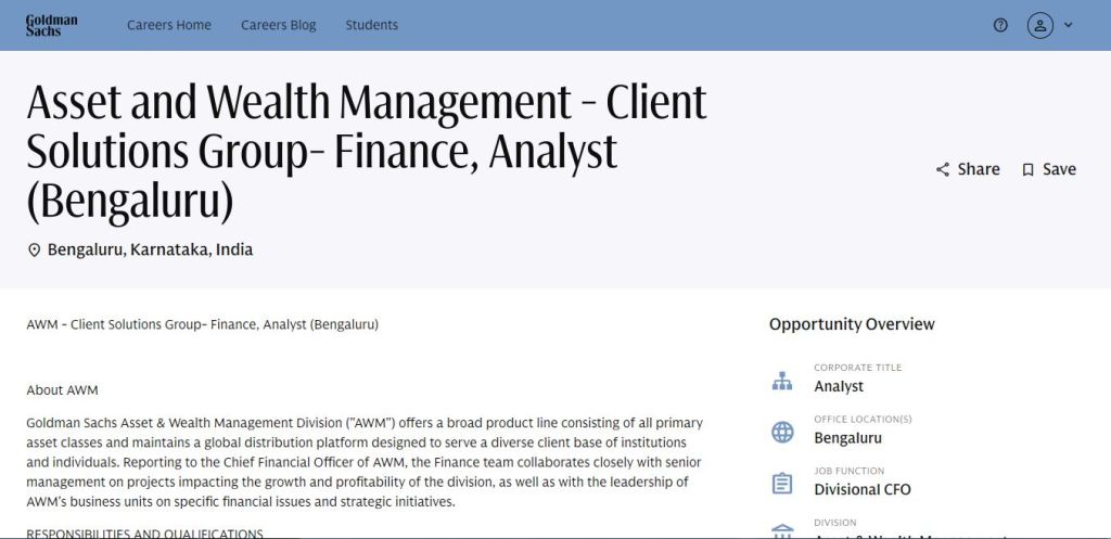 Goldman Sachs Recruitment Drive; Hiring Finance Analyst
