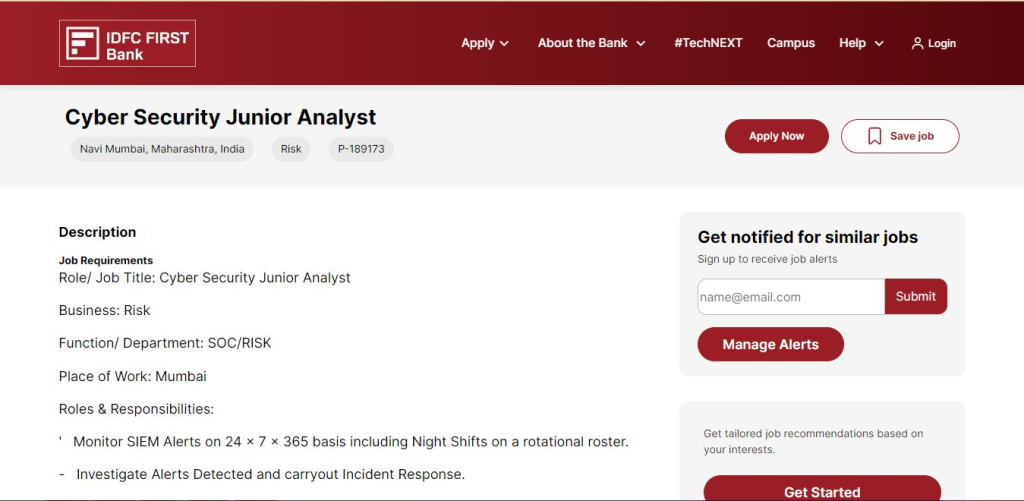 IDFC First Bank Recruitment Drive; Hiring Cyber Security Junior Analyst