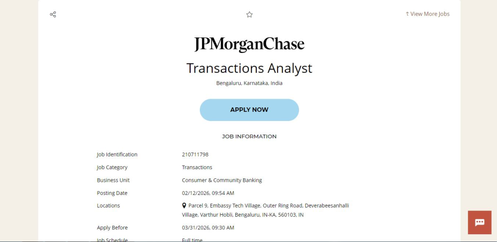 JPMorgan & Chase Recruitment Drive; Hiring Transactions Analyst