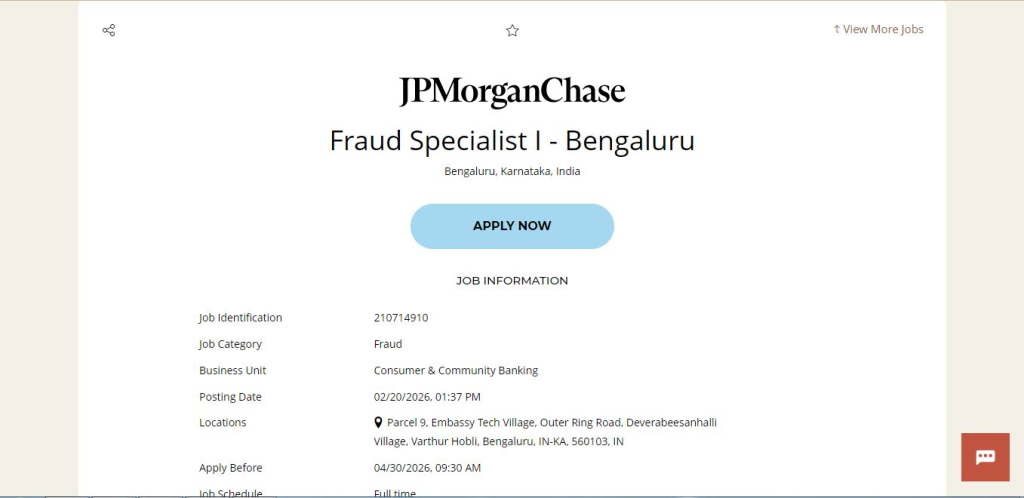 JPMorgan & Chase Recruitment Drive; Hiring Fraud Specialist I