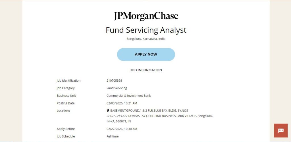 JPMorgan & Chase Recruitment Drive; Hiring Fund Servicing Analyst