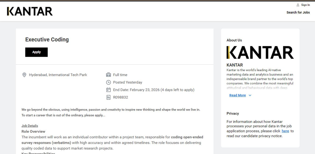 KANTAR Recruitment Drive; Hiring Executive Coding