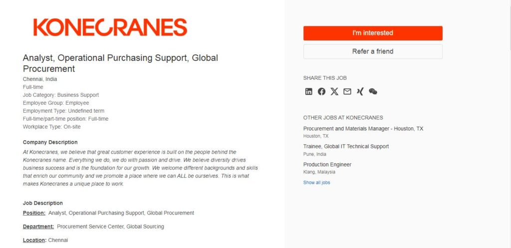 Konecranes Recruitment Drive; Hiring Analyst