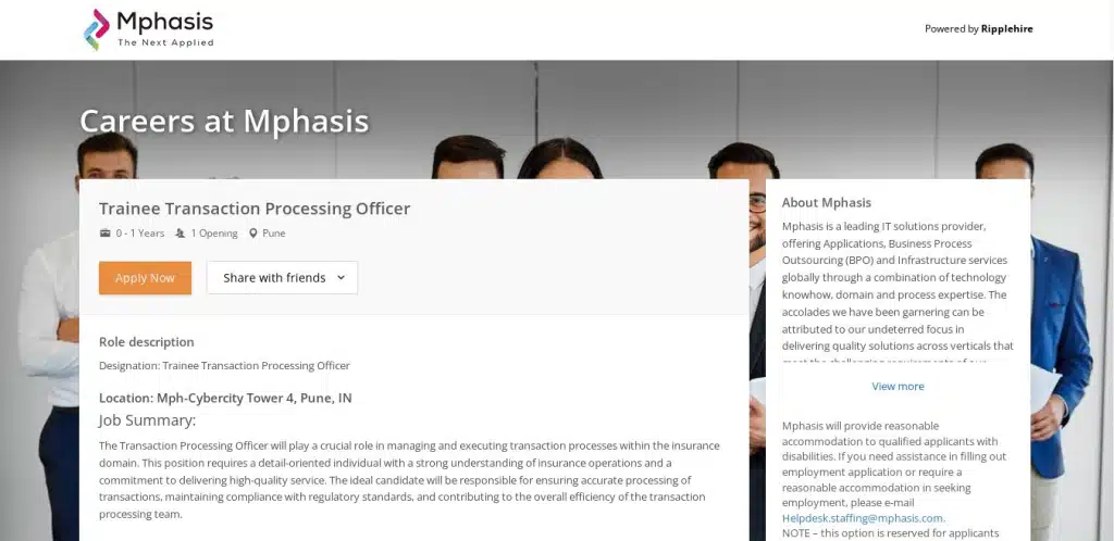Mphasis Recruitment Drive; Hiring Trainee