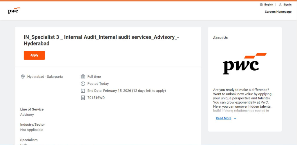 PwC Recruitment Drive; Hiring Internal Audit