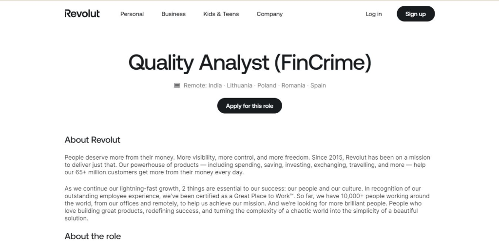 Revolut Work from Home Jobs; Hiring Quality Analyst (FinCrime)