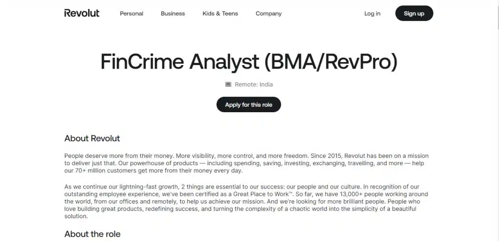 Revolut Work from Home Jobs; Hiring FinCrime Analyst