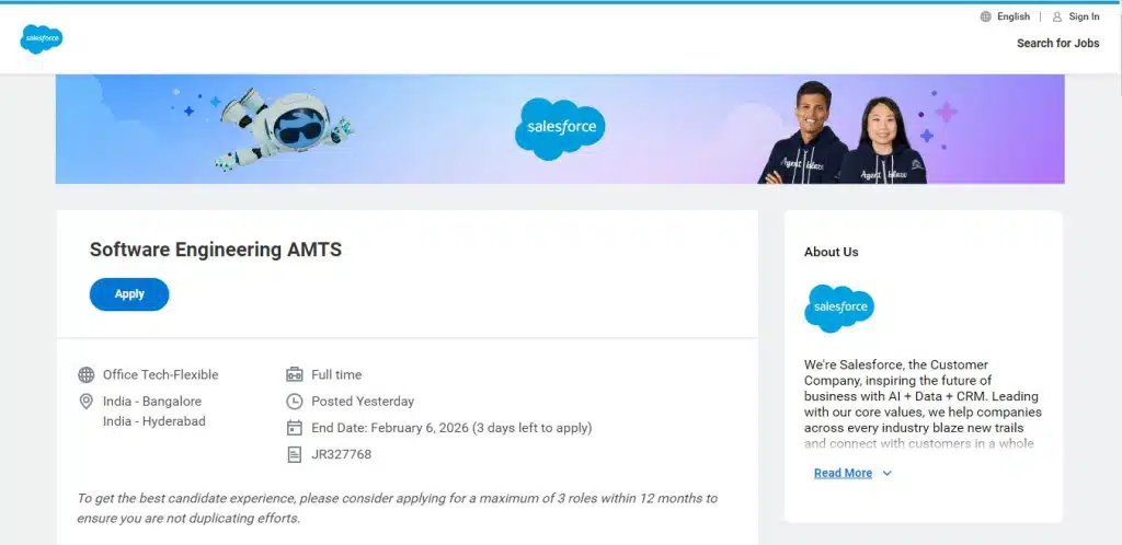 Salesforce Off-Campus Drive; Hiring Software Engineering AMTS