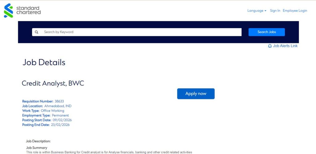 Standard Chartered Recruitment Drive; Hiring Credit Analyst
