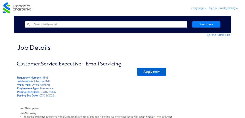 Standard Chartered Recruitment Drive; Hiring Customer Service Executive
