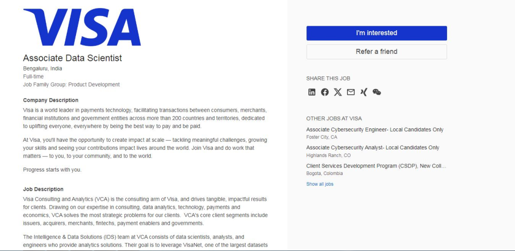 Visa Recruitment Drive; Hiring Associate Data Scientist