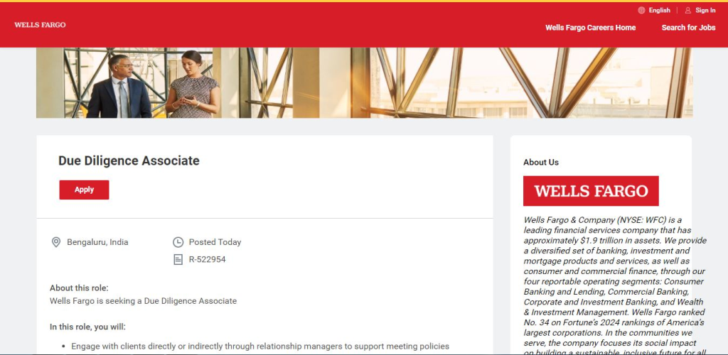 Wells Fargo Recruitment Drive; Hiring Due Diligence Associate