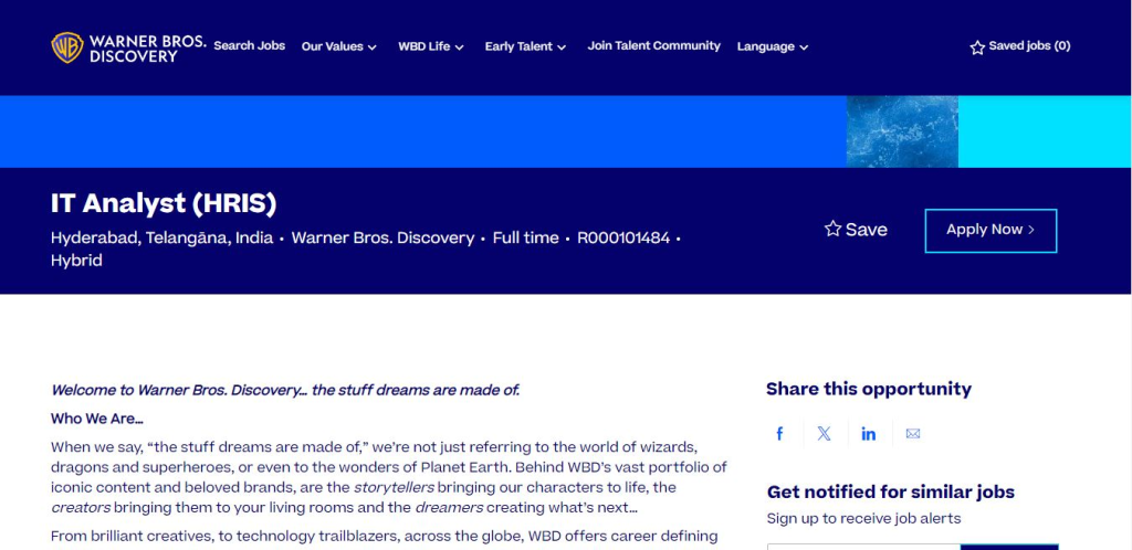 Warner Bros. Discovery Recruitment Drive; Hiring IT Analyst