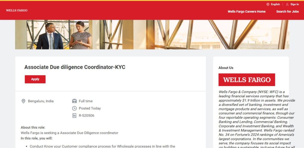 Wells Fargo Recruitment Drive; Hiring Associate Due diligence Coordinator 
