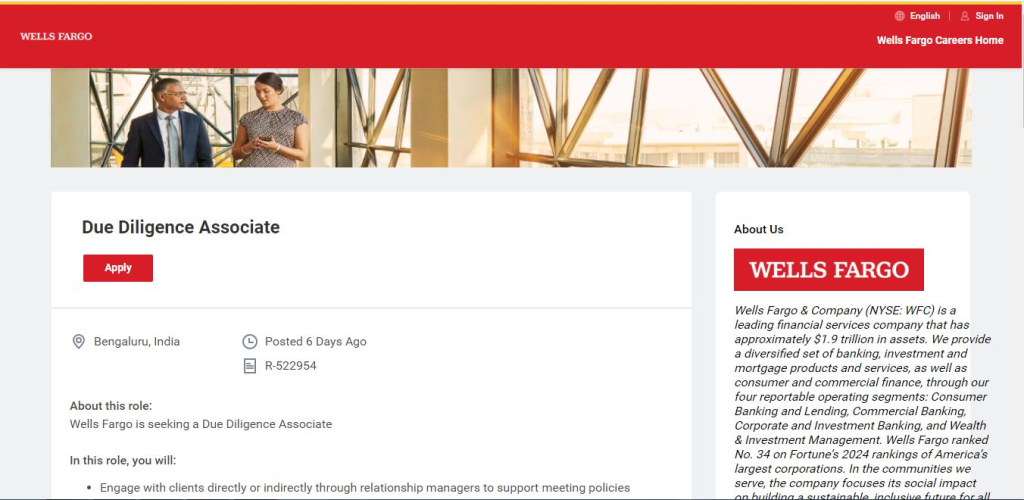 Wells Fargo Recruitment Drive; Hiring Due Diligence Associate