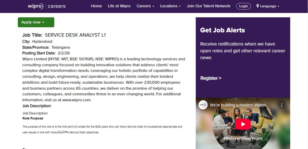 Wipro Recruitment Drive; Hiring Service Desk Analyst