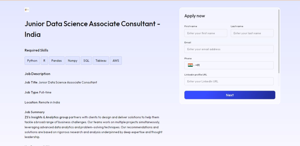 ZS Work from Home Jobs; Hiring Junior Data Science Associate Consultant