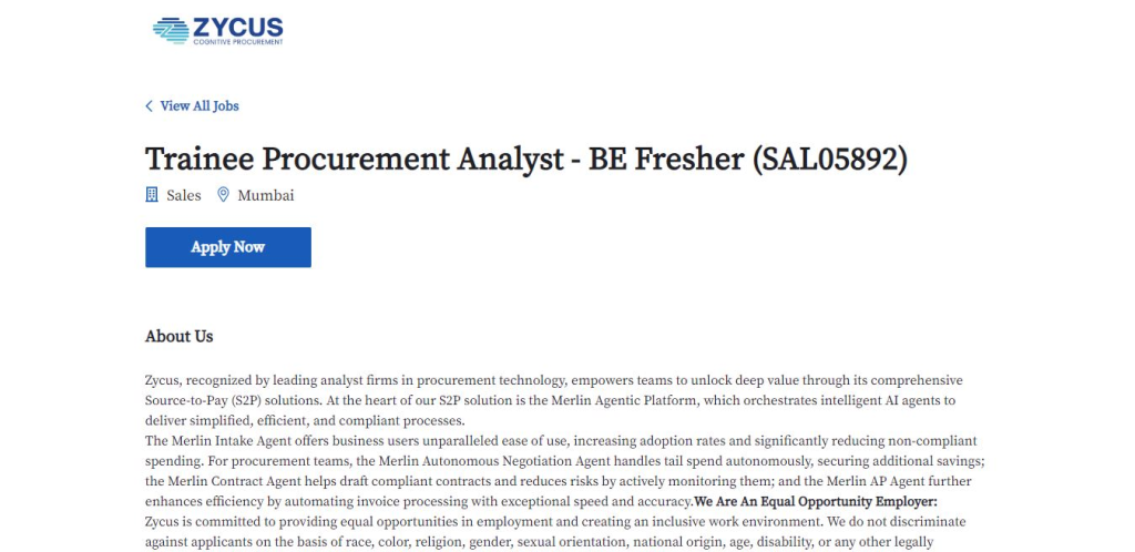 Zycus Recruitment Drive; Hiring Trainee Procurement Analyst