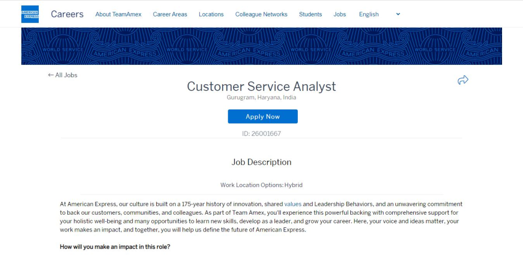 American Express Recruitment Drive; Hiring Customer Service Analyst