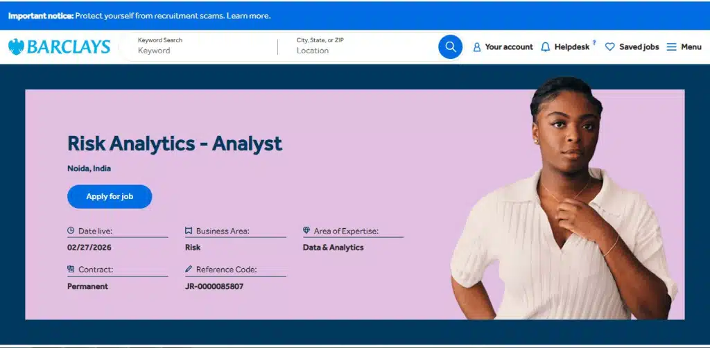 Barclays Recruitment Drive; Hiring Risk Analyst